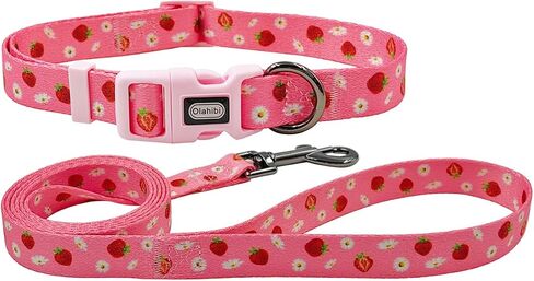 Dog Collar and Leash Set, Floral Pattern, Polyester Material, 5ft Leash, for Puppy Dogs.(XS, Strawberry) in Kuwait