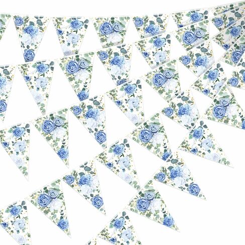 Jetec 49 ft 60 Pcs Blue Floral Party Decorations Bridal Shower Pennant Banners Triangle Flags Paper Banner Hanging Decor for Wedding Bachelorette Birthday Party Decorations Supplies in Saudi Arabia
