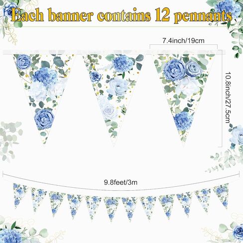 Jetec 49 ft 60 Pcs Blue Floral Party Decorations Bridal Shower Pennant Banners Triangle Flags Paper Banner Hanging Decor for Wedding Bachelorette Birthday Party Decorations Supplies in Saudi Arabia
