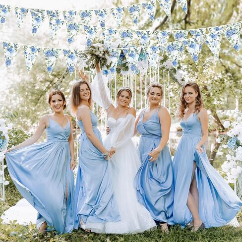 Jetec 49 ft 60 Pcs Blue Floral Party Decorations Bridal Shower Pennant Banners Triangle Flags Paper Banner Hanging Decor for Wedding Bachelorette Birthday Party Decorations Supplies in Saudi Arabia