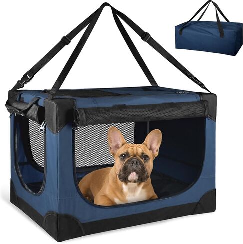 Soft Collapsible Dog Crate - 24 inch Portable Travel Puppy Crate for Small Pets or 2 Cats, Pet Carrier with 4 Mesh Doors, Car Kennel for Dogs with Handle for Indoor and Outdoor, Bule in Saudi Arabia