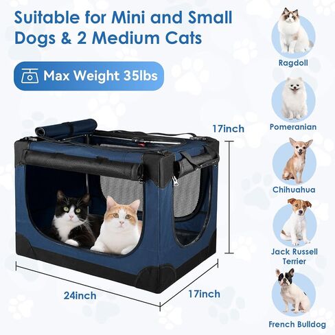 Soft Collapsible Dog Crate - 24 inch Portable Travel Puppy Crate for Small Pets or 2 Cats, Pet Carrier with 4 Mesh Doors, Car Kennel for Dogs with Handle for Indoor and Outdoor, Bule in Saudi Arabia
