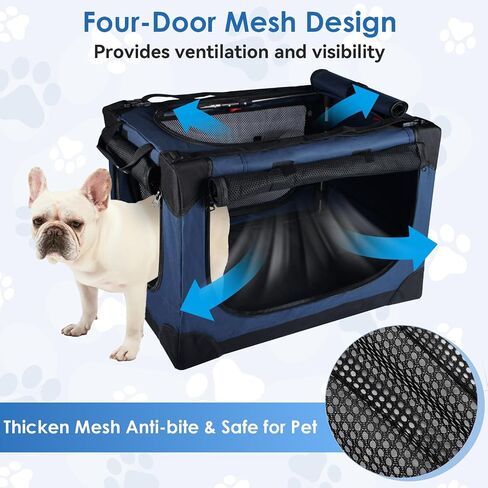 Soft Collapsible Dog Crate - 24 inch Portable Travel Puppy Crate for Small Pets or 2 Cats, Pet Carrier with 4 Mesh Doors, Car Kennel for Dogs with Handle for Indoor and Outdoor, Bule in Saudi Arabia