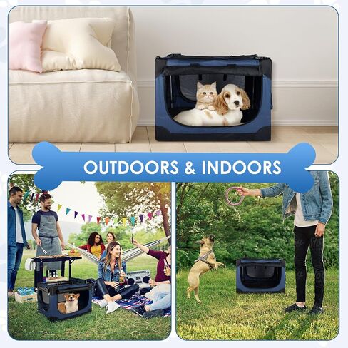Soft Collapsible Dog Crate - 24 inch Portable Travel Puppy Crate for Small Pets or 2 Cats, Pet Carrier with 4 Mesh Doors, Car Kennel for Dogs with Handle for Indoor and Outdoor, Bule in Saudi Arabia