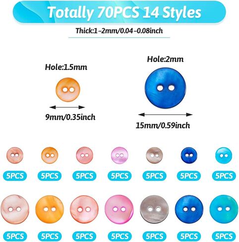 Beadthoven 70pcs Natural Shell Buttons 9mm/12mm 2-Hole Sewing Buttons Colorful Freshwater Pearl Shells Craft Buttons for Sewing Clothes Shirt Blazer Suits Headband DIY Crafting Mixed Color in Kuwait