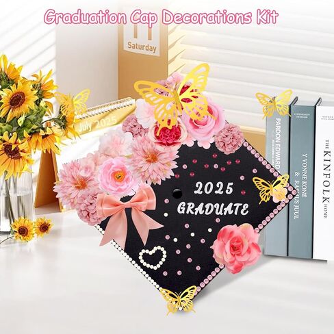 69 PCS Caps Cap Decorts Kits ، Cap Grad Topper Decorations شملت الزهور Faux Flowers 3D Breatfly Bow Rhinestons ALPHABET ملصقات خطاب التخرج Topper DIY Craft Art Decor (Blue) in Kuwait