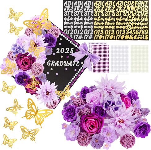 69 PCS Caps Cap Decorts Kits ، Cap Grad Topper Decorations شملت الزهور Faux Flowers 3D Breatfly Bow Rhinestons ALPHABET ملصقات خطاب التخرج Topper DIY Craft Art Decor (Blue) in Kuwait