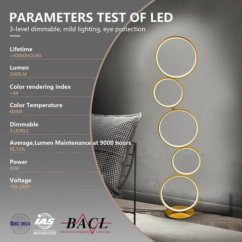 COSYLUX LED Modern Floor Lamp for Bedroom, 3 Way Bright Dimmable Corner Floor lamp with 5-Ring 2-in-1 Standing Tall End Table Lamp for Living Room & Office Reading Light, 3260LM, 6000K, Black. in Saudi Arabia