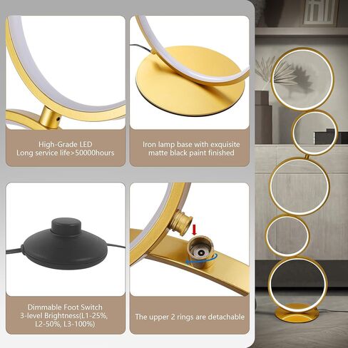 COSYLUX LED Modern Floor Lamp for Bedroom, 3 Way Bright Dimmable Corner Floor lamp with 5-Ring 2-in-1 Standing Tall End Table Lamp for Living Room & Office Reading Light, 3260LM, 6000K, Black. in Saudi Arabia