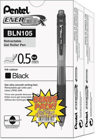 Pentel BLN105ASW2 ENERGEL-X قلم جل الأسطوانة القابلة للسحب ، 0.5 مم ، برميل أسود ، حبر أسود ، 24/حزمة in Saudi Arabia