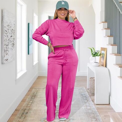 ملابس Fastkoala النسائية المكونة من قطعتين، بدلة رياضية كاجوال بأكمام طويلة، بلوفر مع بناطيل فضفاضة، أطقم ملابس رياضية، أزرق XL in Kuwait