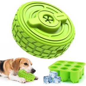 DFQ Interactive Dog Chew Toys,Durable Tire-Shape Puzzle with Treat Enrichment and Food Stick Holder for Aggressive Chewers,Lickable and Capable of Food Catching for Brain Stimulation,with Ice Tray
