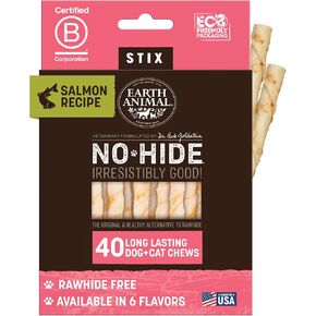 Earth Animal No-Hide Stix Salmon Recipe Natural Rawhide Alternative Dog & Cat Chews, Extra Value Pack .49 lb