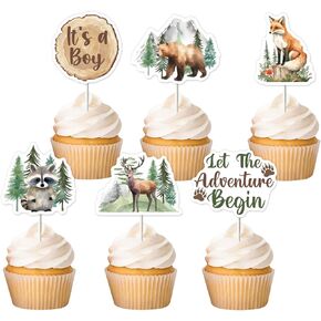 JOYMEMO 36 Pcs Let The Adventure Begin Cupcake Toppers - Woodland Animals Baby Shower Decorations for Women, Double Sided Adventure Awaits Cake Decor for Forest Mountain Wilderness Theme Party