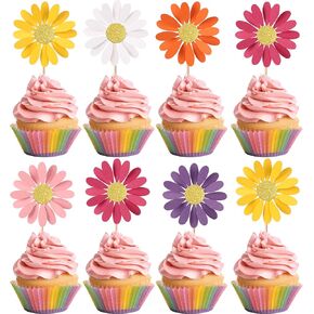 24 Pack Daisy Cupcake Toppers Glitter Daisy Flower Cupcake Picks Chrysanthemum Cake Decorations for Hippie Themed Baby Shower Wedding Birthday Party Supplies Colorful 2
