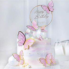 Firot 22pcs Pink Butterfly Cupcake Topper with 1 pcs Happy Birthday Wire Birthday Cake Topper Set for Wedding Party Cake Wall Butterflies Food Decorations Color Mixed Size