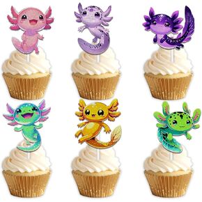 18pcs Colorful Glitter Dessert Cupcake Topper Pick for Cartoon Cute Axolotl Theme Decorations Baby Shower Girls Boys Happy Birthday Party Decor Supplies