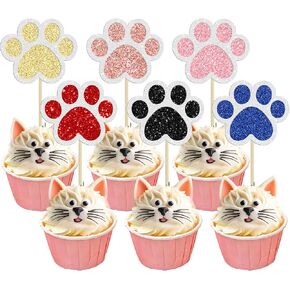 Gyufise 24Pcs Paw Cupcake Toppers Glitter Dog Paw Cake Decorations Glitter Puppy Cupcake Toppers for Girl Baby Shower Boys Girls Birthday Party Cake Supplies Pink