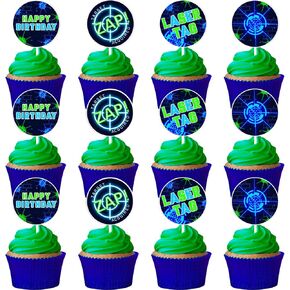36 Blue Green Laser Tag Cupcake Toppers for Boys Birthday Party Decorations, Laser Theme Happy Birthday Dessert Table Cake Decors Picks Party Supplies