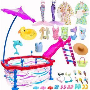 35 Pcs Doll Clothes Swimwear Beach Swiming Pool Kit Including 1 Swim Pool 7 Bikini Swimsuit (In Random) 2 Pool Floaties 10 Shoes 1 Life Jacket 1 Set of 6 Ice Cream Set 4 Glasses Hat Bag Headband Towel