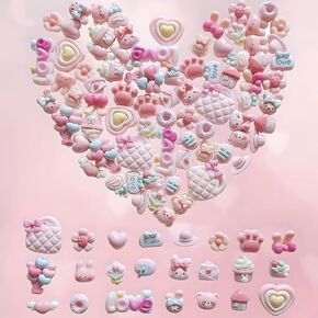 100 Pcs Kawaii Slime Charms | Cute Pink Flatback Resin Charms for Nails, Scrapbooking and DIY Crafts (Bunny/Heart/Flower) | 3D Holiday Day Gift for Girls and Craft Lovers
