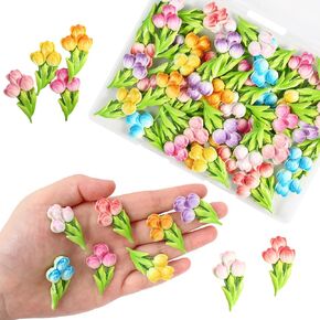 FXMHEHBB Tiny Tulip for Craft, 48 Pcs Small Flatback Resin Tulip Flower Decor for Scrapbook Embellishments and Spring Themed Party Table Decoration