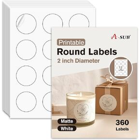 A-SUB 2" Round Label Stickers for Inkjet or Laser Printer, Matte White, 360 Printable Circle Stickers for Custom Logo, Thank You Labels