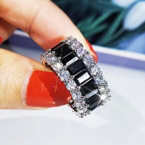 925 Sterling Silver Shiny All Diamond Ring Cocktail Ring Black Cubic Zirconia Anniversary Commitment Ring CZ Diamond Multi row Ring Eternal Engagement Wedding Ring