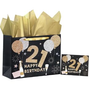 WRAPAHOLIC 13" Large 21st Birthday Gift Bag with Card and Tissue Paper - Black Gold Balloon and 21 Happy Birthday Lettering Design