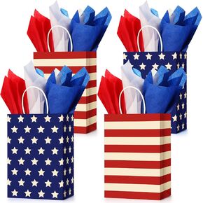 30 Pcs Patriotic Gift Bags with Handle with 30 Pcs Red White Blue Tissue Paper 4th of July American Flag USA Gift Bags for Veterans Memorial Day Independence Day(Classic Style)