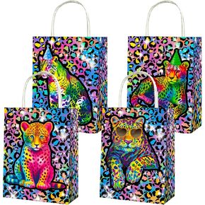 umoni 12PCS Rainbow Cheetah Favor Bags Neon Leopard Birthday Party Supplies Cheetah Print Paper Gift Bags Neon Cheetah Handle Treat Bags for Safari Animals Party Decorations