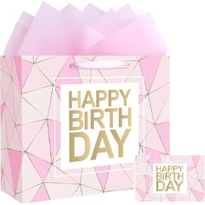13" Pink Happy Birthday Gift Bag with Card and Tissue Paper for Girls,Happy Birthday Gift Bags for Women Kids Girls Her, 1 Pcs