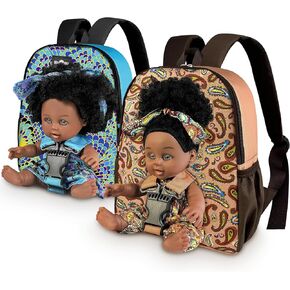 2 Pack Black Baby Doll in Take Along Backpack Carrier, 10in American African Girl Doll for Toddlers and Kids Aged 2 4 5 Year Old