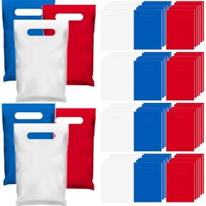 Gilprop 48 Pieces 4th of July Goodie Treat Bags Bulk Plastic Patriotic Red White and Blue Gift Bags with Handle for Independence Day Memorial Day Party Gift Wrapping Supplies Decor