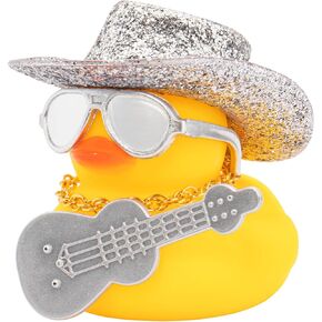 wonuu Cowboy Hat Car Rubber Ducks, Dashboard Decorations Rubber Ducky for Car Ornament Cute Duck with Hat, Glasses, Necklace, Mini Guitar, Glitter Silver