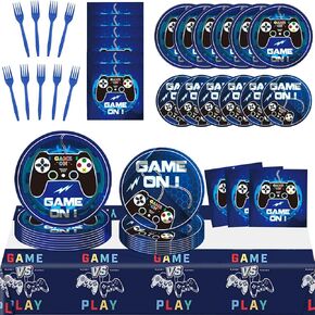 Video Game Party Supplies Tableware Set, Video Game Birthday Decorations, Including Dinner Plates, Tablecloth, Forks, and Napkins, Game Birthday Party Decor for 24 Guests