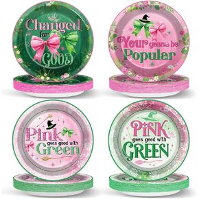 48PCS Witch Themed Party Supplies Pink and Green Paper Dessert Plates Enchanted Princess Tableware Dinnerware Pink Goes Good with Green Theme Party Supplies for Halloween Magical Birthday Baby Shower