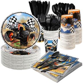 350 Pcs Monster Truck Theme Party Supplies Serves 50 Guests Racing Car Birthday Decorations Tableware Set Include Plates Napkins Cup Knives Spoon Fork for Race Car Truck Birthday Party Favors