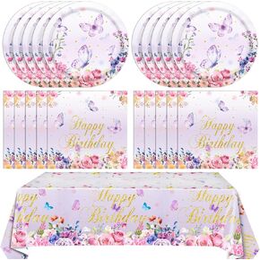41PCS Butterfly Birthday Party Supplies for Girls Women Disposable Paper Plates Napkins and Tablecloth for Butterfly decorations Girl Party Birthday Decorations Serve 20