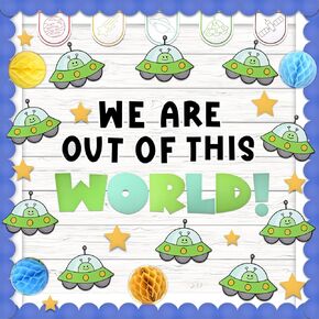 Outer Space Bulletin Board Decorations - 71Pcs Back to School Decorations,Space Alien Theme Classroom Decor Sets, 3D Space Planet Honeycomb, DIY Spacecraft Photo Craft Cutout Bulletin Board Border