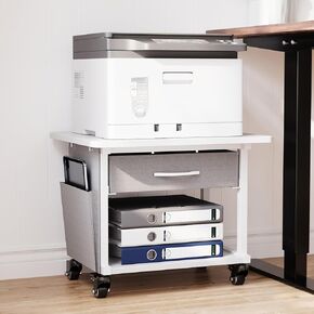 2 Tier Printer Stand with Storage Drawer - Under Desk Rolling Printer Cart for Home Office, Small Printer Table with Industrial Locking Wheels fit Fax Machine/3D Printer/Scanner (Black)