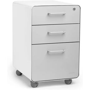 Poppin Stow 3-Drawer Rolling File Cabinet - White + Light Gray. 2 Utility Drawers and 1 Hanging File Drawer. Two Locking and Two Non-Locking Wheels. Powder-Coated Steel. Two Keys Included