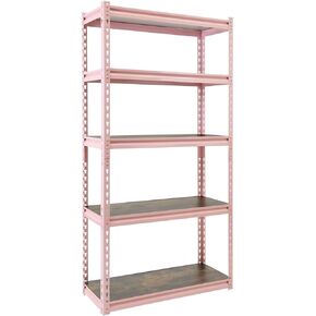 5-Tier Metal Boltless Storage Shelving in Pink/Wooden