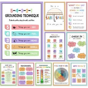 Ainrvteers Mental Health Posters,Counseling Office Decor With Feeling Wheel, Calm Down Corner Feelings Chart for Kids， Therapy Office Must Haves, Mental Health Decor