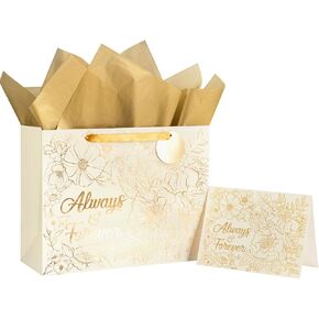 Loveinside Wedding Gift Bag - Floral and Always & Forever Text Design with Tissue Paper, Greeting Card and Tag for Wedding, Anniversary and Party - 13" x 5" x 10", 1 Pcs