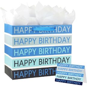 Yusenguan 13" Large Happy Birthday Gift Bag with Tissue Paper, Greeting Card and Handles for Men, Boys, Kids Birthday Party (Blue)