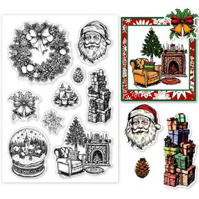 PH PandaHall Christmas Clear Stamp, Santa Claus Wreath Crystal Ball Bell Gift Silicone Stamp Transparent Rubber Stamp Seal Paper Stamps for Christmas Card Making, Scrapbooking, Gift Tags, Photo Albums
