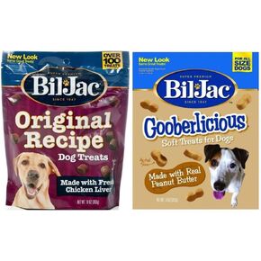 Bil-Jac Real Chicken Soft Treats for Dogs 2 Flavor Variety Bundle Original Recipe Liver Treats Gooberliscious Peanut Butter Flavor Treats, 10 Ounces Each (1 Bag of Each)