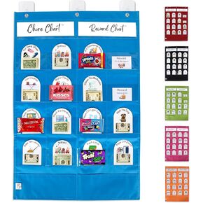 Chore/Reward Chart for Kids, 30"x20" Large 20 Reward Cards, 100% Customizable 66 Chore Chart W/Dry Erase Marker, Chore Charts for Multiple Kids, Money Chart, Self Motivating, Behavioral Chart - Blue