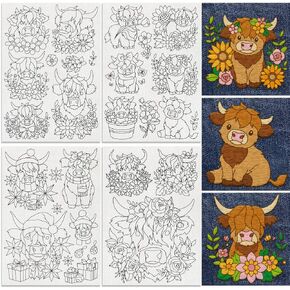 21pcs المرتفعات بقرة زهرة زهرة ماء قابلة للذوبان يدوية مثبتات ، 8.3 "x11.7" استقرار نمط تطريز بقرة هايلاند لطيف ، 4 صفائح الأبقار العصا